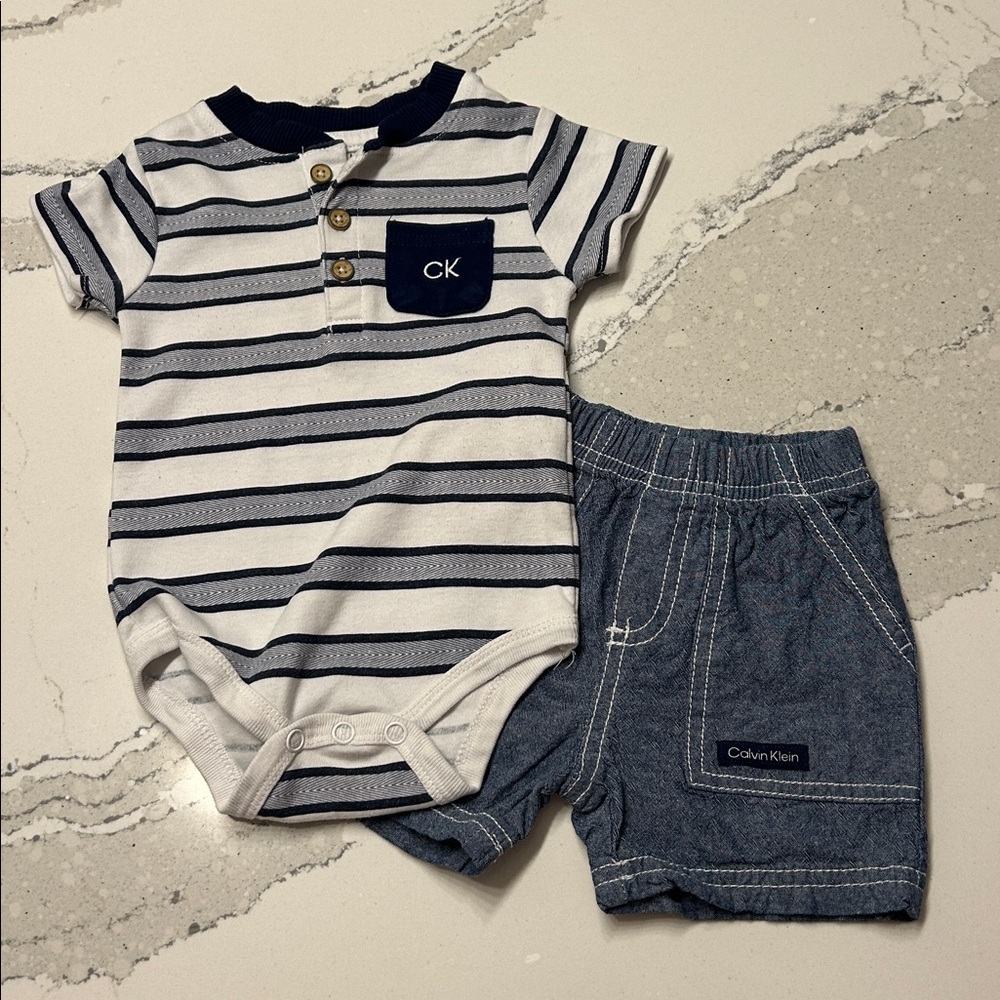 Calvin Klein Navy and White Striped Onesie with Denim Shorts Size 6-9 months